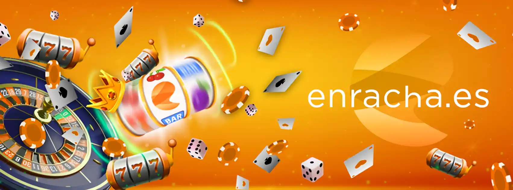 Diseño visual con ruleta, dados y tragaperras con logotipo Enracha