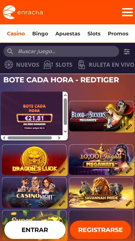 Vista móvil de Enracha con juegos de slots y menú superior