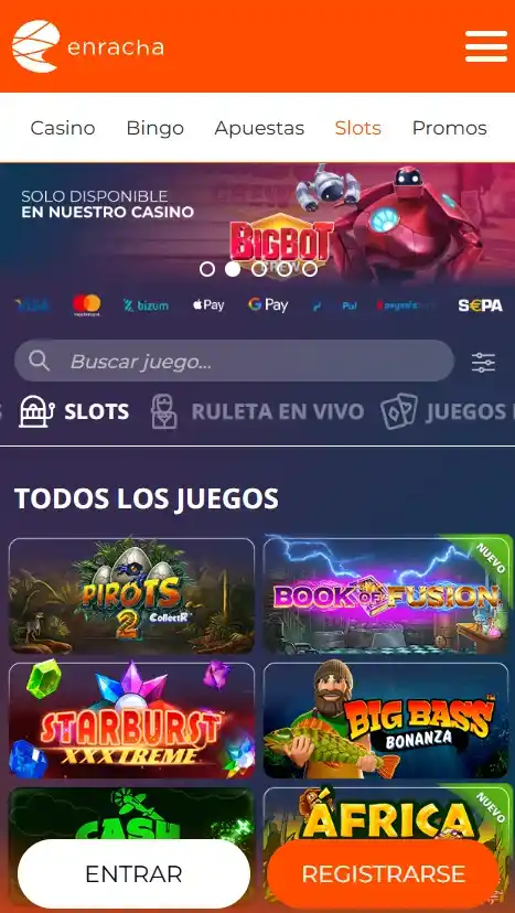 Sección de tragaperras Enracha en móvil con BigBot y Starburst